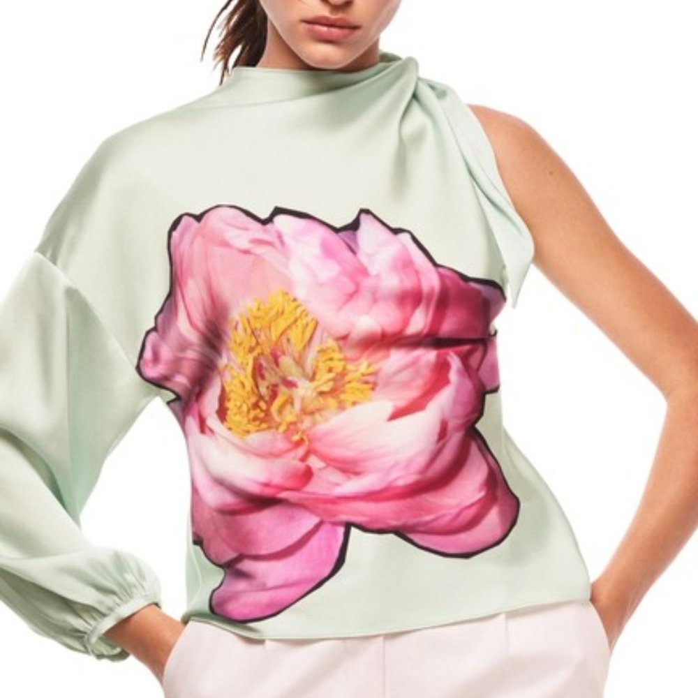Zara Green S New Floral Print Asymmetric One Sleeve Flower Blouse
